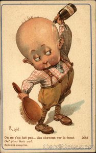 Little Boy Pouring Lotion on bald head holding hairbrush